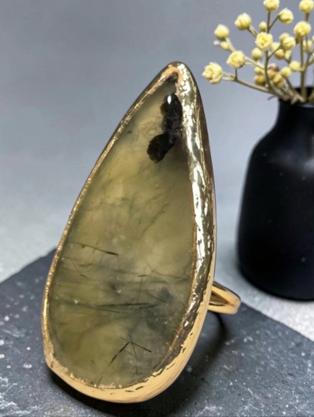 Huge 18k Gold Plated Artisan Teardrop Prehnite Crystal Stone Statement Ring